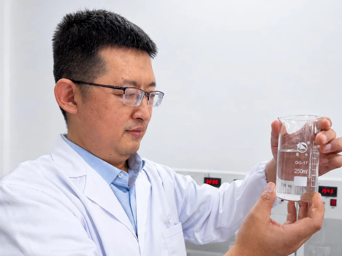 FSX Chemical laboratory technician checking CMC solution clarity during R&D testing