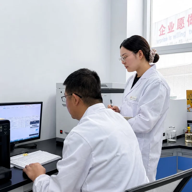 FSX Chemical engineers reviewing CMC laboratory test results and measurement data