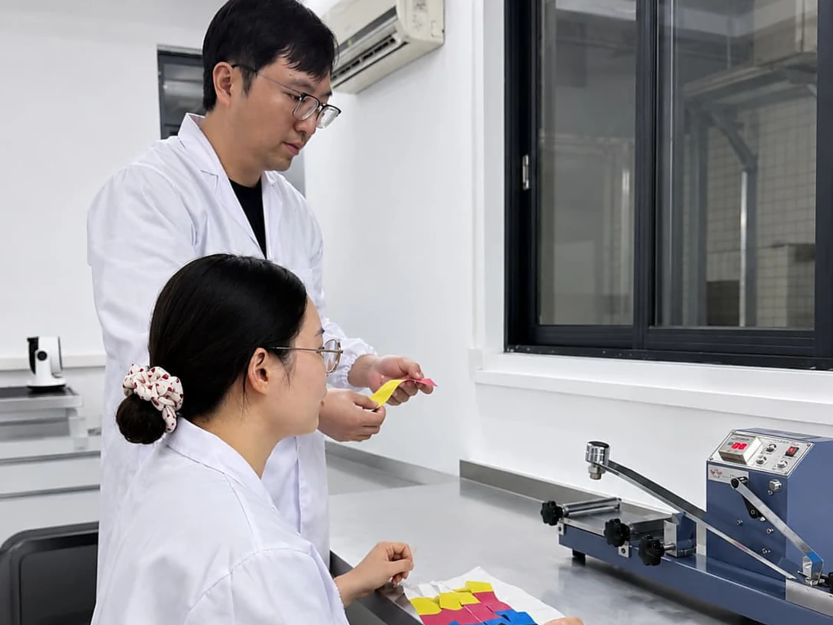 FSX Chemical technicians reviewing textile printing color samples for application requirement matching