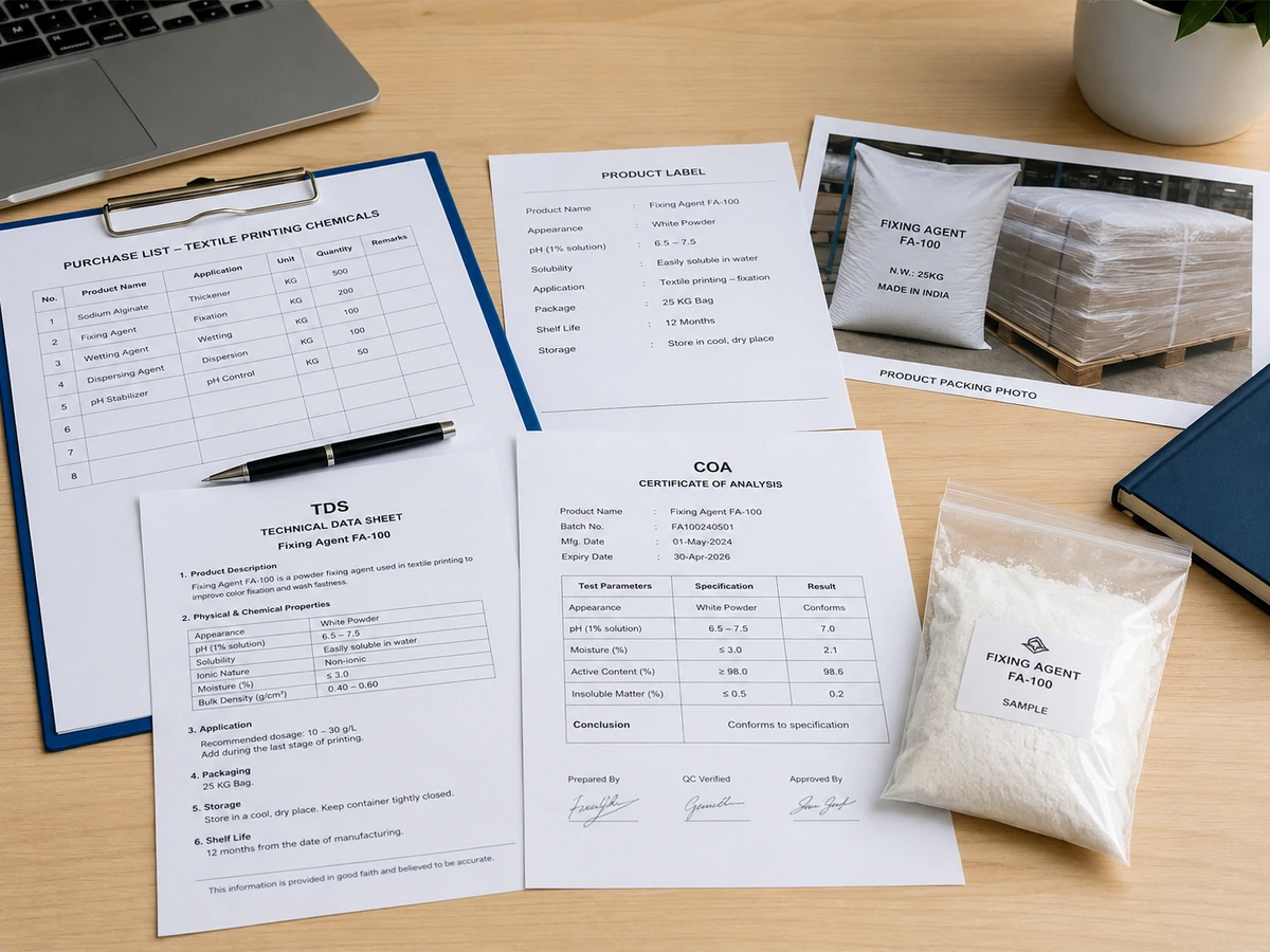 Buyer preparing product label TDS purchase list COA and packing photo for FSX Chemical quotation review