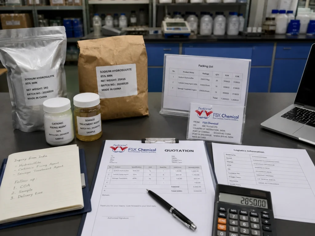Chemical sample quotation and packing list review for B2B export inquiry