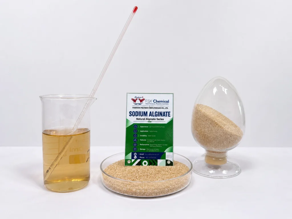 Solution d'alginate de sodium et échantillon de poudre destinés à l'évaluation de la viscosité dans l'impression textile