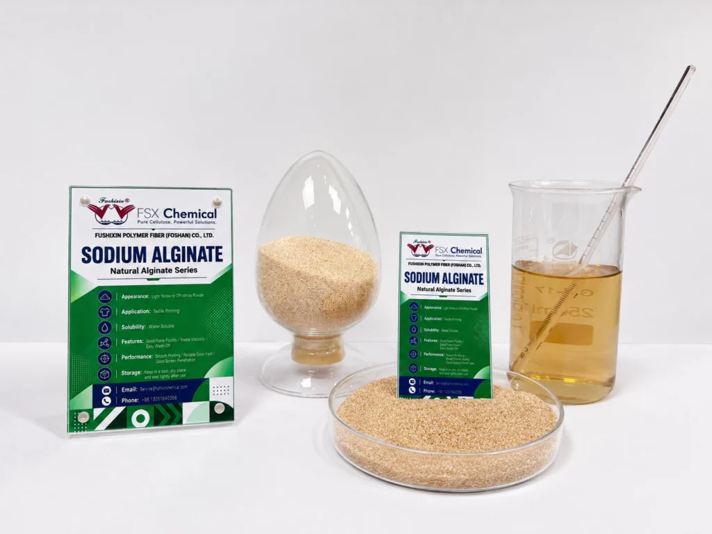 Sodium alginate powder and solution sample for textile printing thickener evaluation