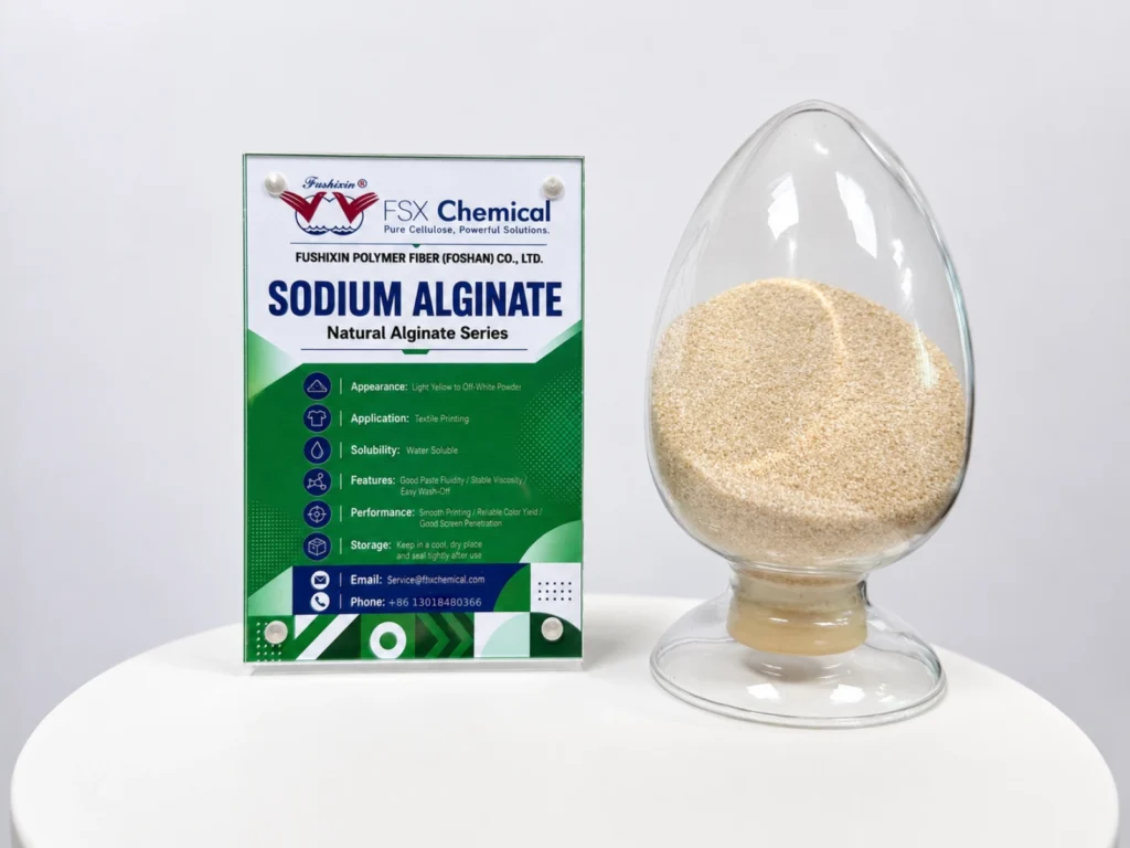 Échantillon d'alginate de sodium en poudre destiné à l'évaluation d'un épaississant pour l'impression textile