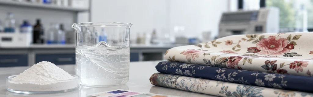 CMC textile printing paste application with powder, transparent paste and printed fabric in laboratory