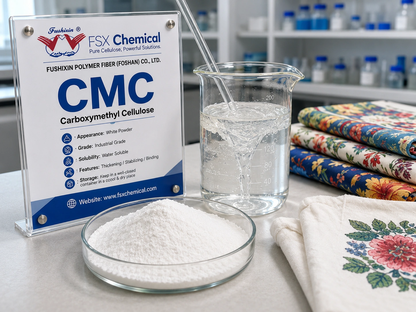 FSX Chemical CMC-HD : carboxyméthylcellulose sodique destinée à des essais de pâtes d'impression textile