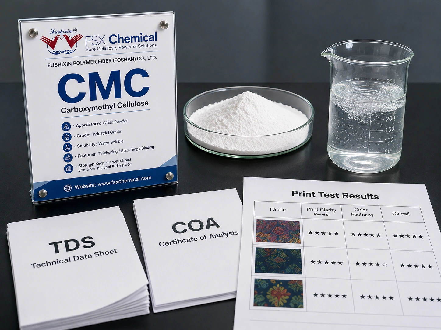 Comparaison des échantillons CMC et des fiches techniques (TDS) de FSX Chemical pour la mise en correspondance des qualités