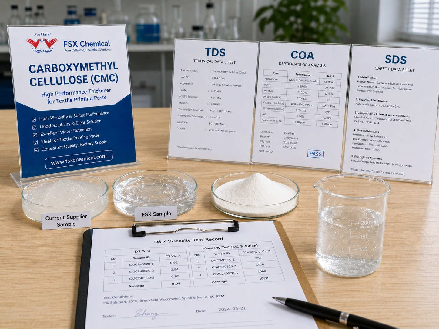 FSX : Comparaison en laboratoire des propriétés chimiques d'un échantillon de CMC actuel : TDS, viscosité et DS