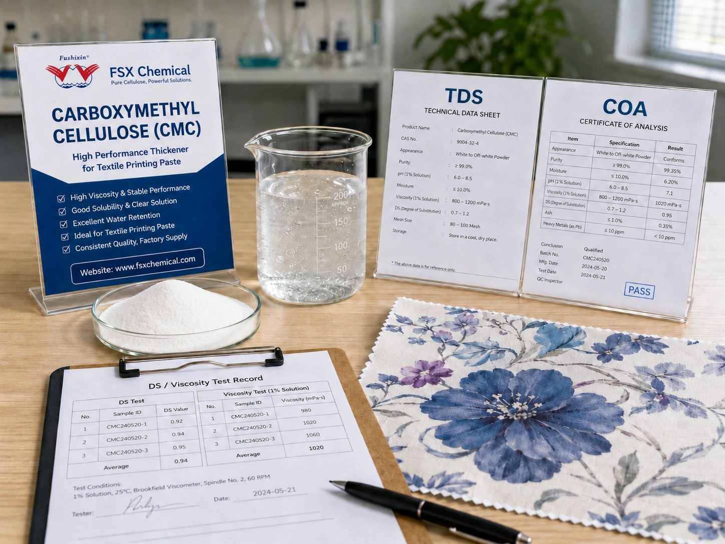 Sélection de la qualité CMC du produit chimique FSX à l'aide de la fiche technique (TDS), de la viscosité, du DS et de l'évaluation d'échantillons