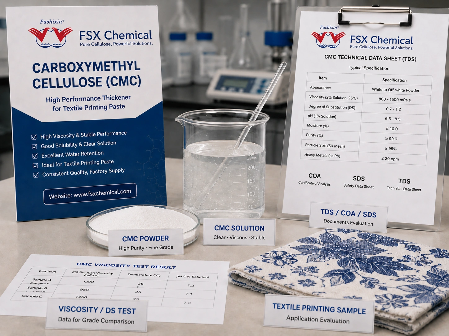 Échantillon d'épaississant CMC de FSX Chemical, évaluation du TDS et de la pâte d'impression textile
