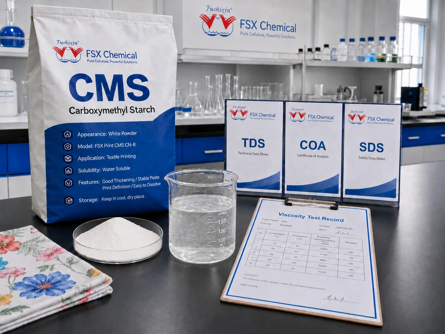Gammes d'épaississants FSX Chemical CMS, échantillons et documentation technique pour l'impression textile