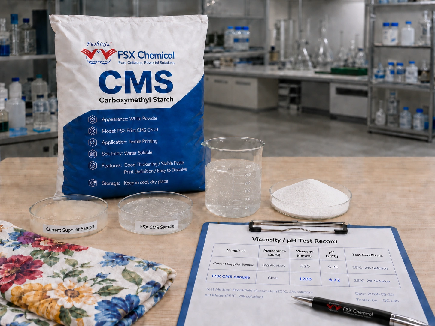 FSX : Comparaison en laboratoire chimique d'un échantillon CMS actuel, conditions d'essai du TDS et de la viscosité