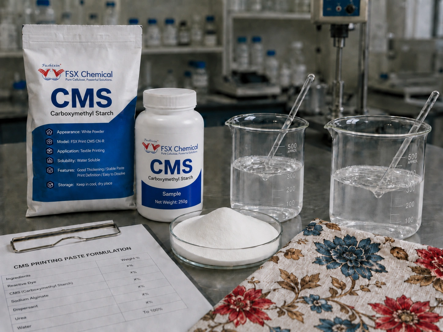 Évaluation en laboratoire d'un échantillon d'épaississant FSX Chemical CMS et d'une pâte d'impression textile