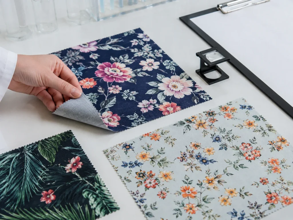 Digital printed fabric samples showing edge sharpness and no bleeding after washing