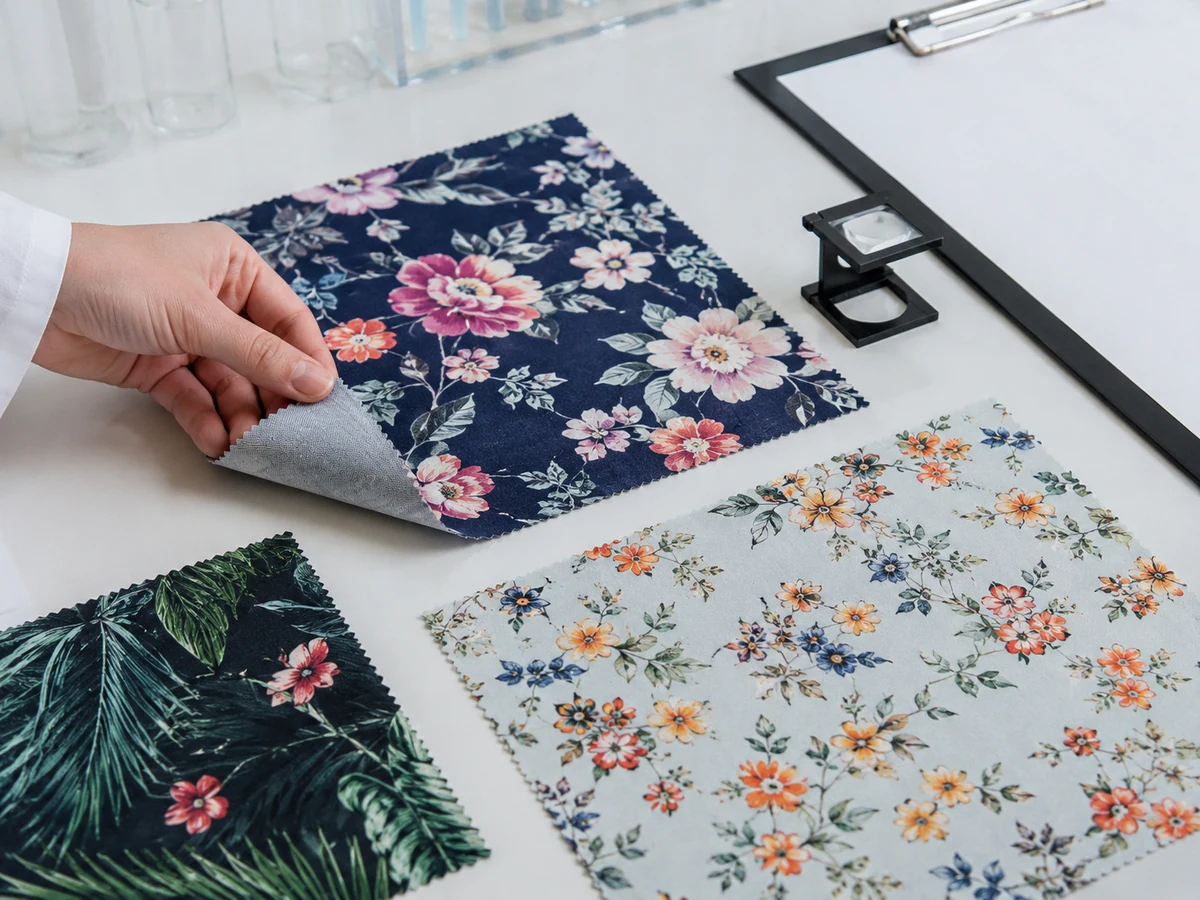 Digital printed fabric samples showing edge sharpness and no bleeding after washing