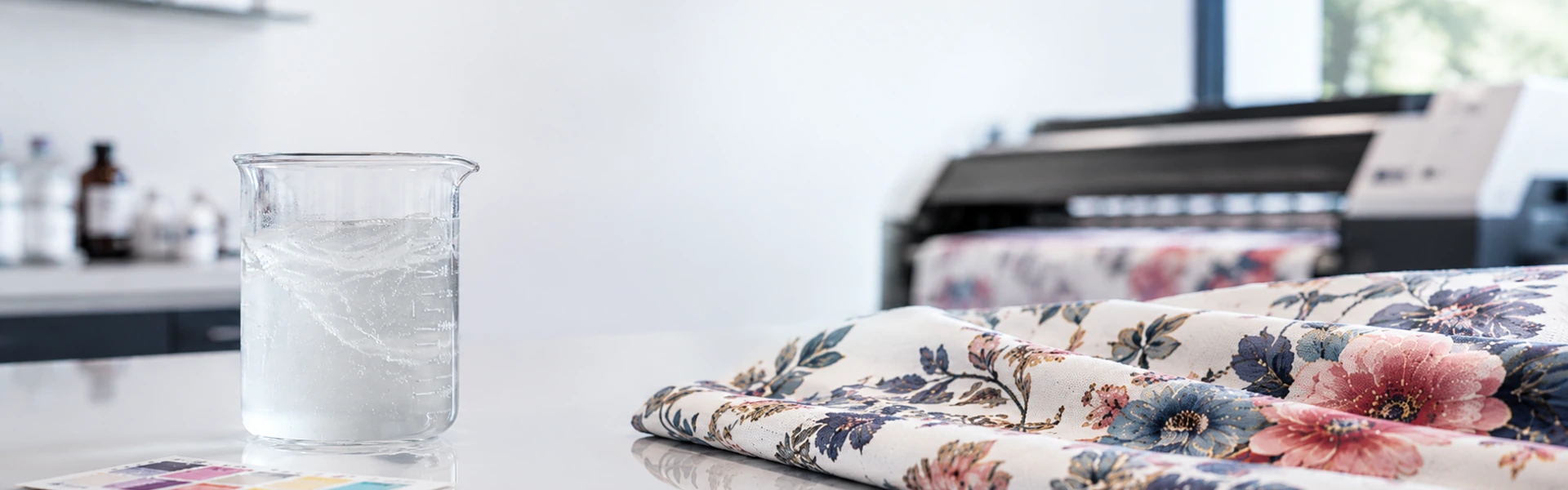 Digital printing paste application with transparent paste, floral printed fabric and textile inkjet printer background