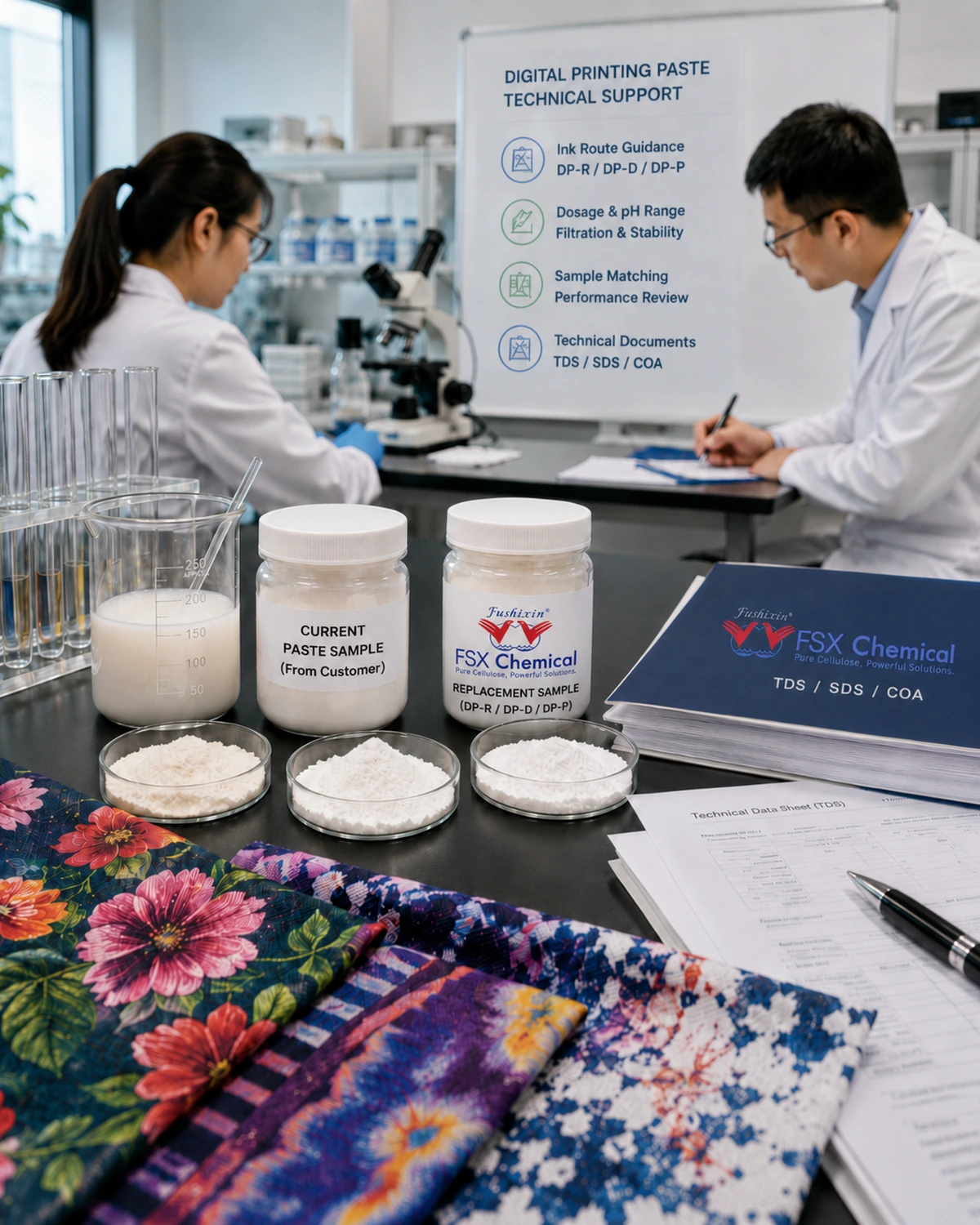 FSX Chemical digital printing paste technical support with powder sample printed fabric and laboratory testing review