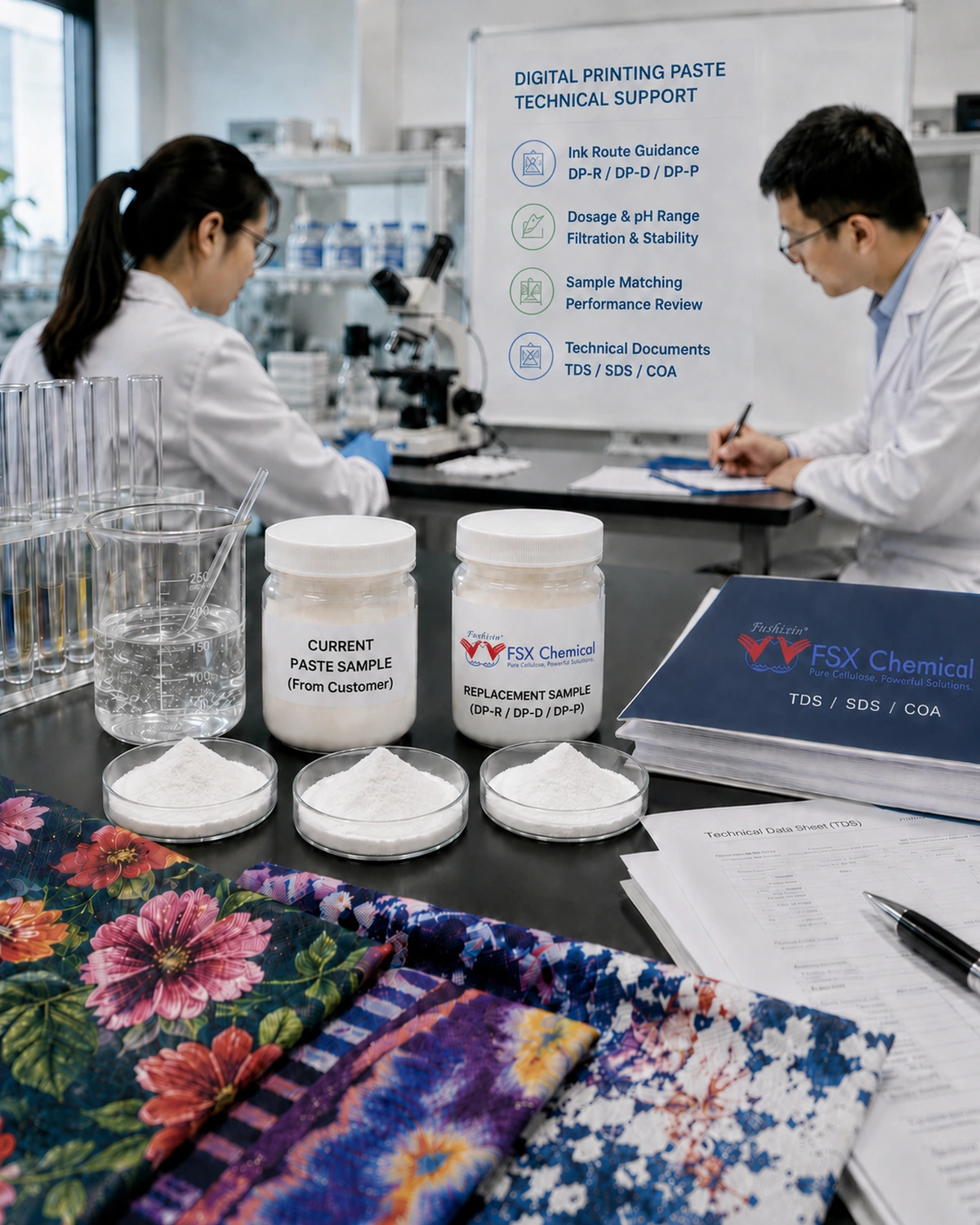 Évaluation d'un échantillon de pâte d'impression numérique FSX Chemical et d'essais en laboratoire