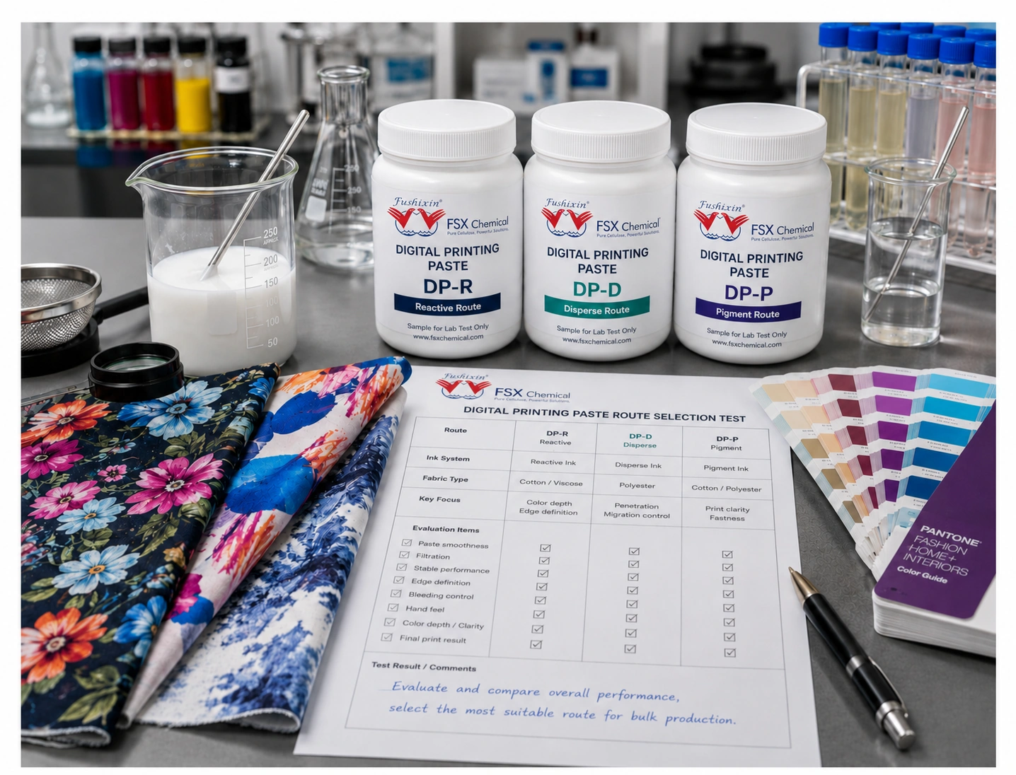 FSX Chemical digital printing paste route selection test with DP-R DP-D DP-P samples printed fabric and lab review