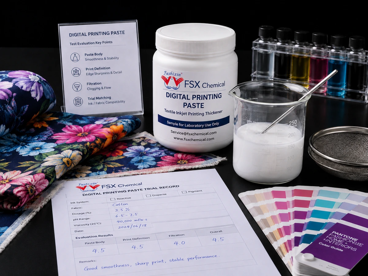 FSX Chemical digital printing paste sample with printed fabric and laboratory testing materials