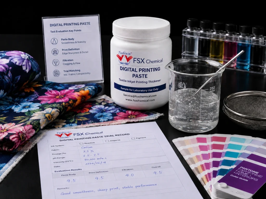 Digital printing paste replacement sample test with TDS COA and fabric evaluation