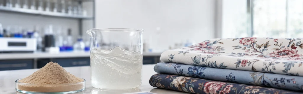 Sodium alginate reactive printing application with light brown powder, printing paste and floral fabric