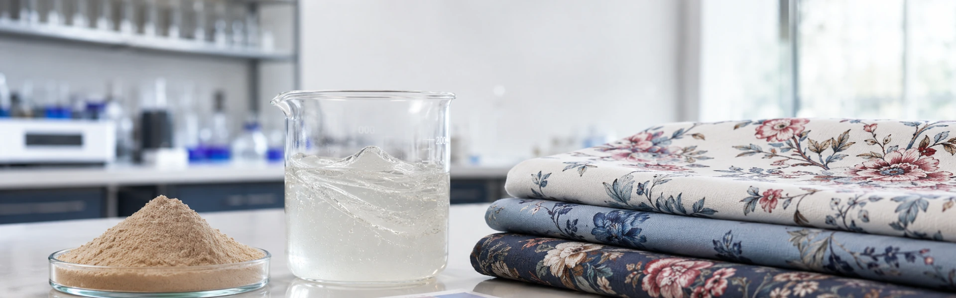 Sodium alginate reactive printing application with light brown powder, printing paste and floral fabric