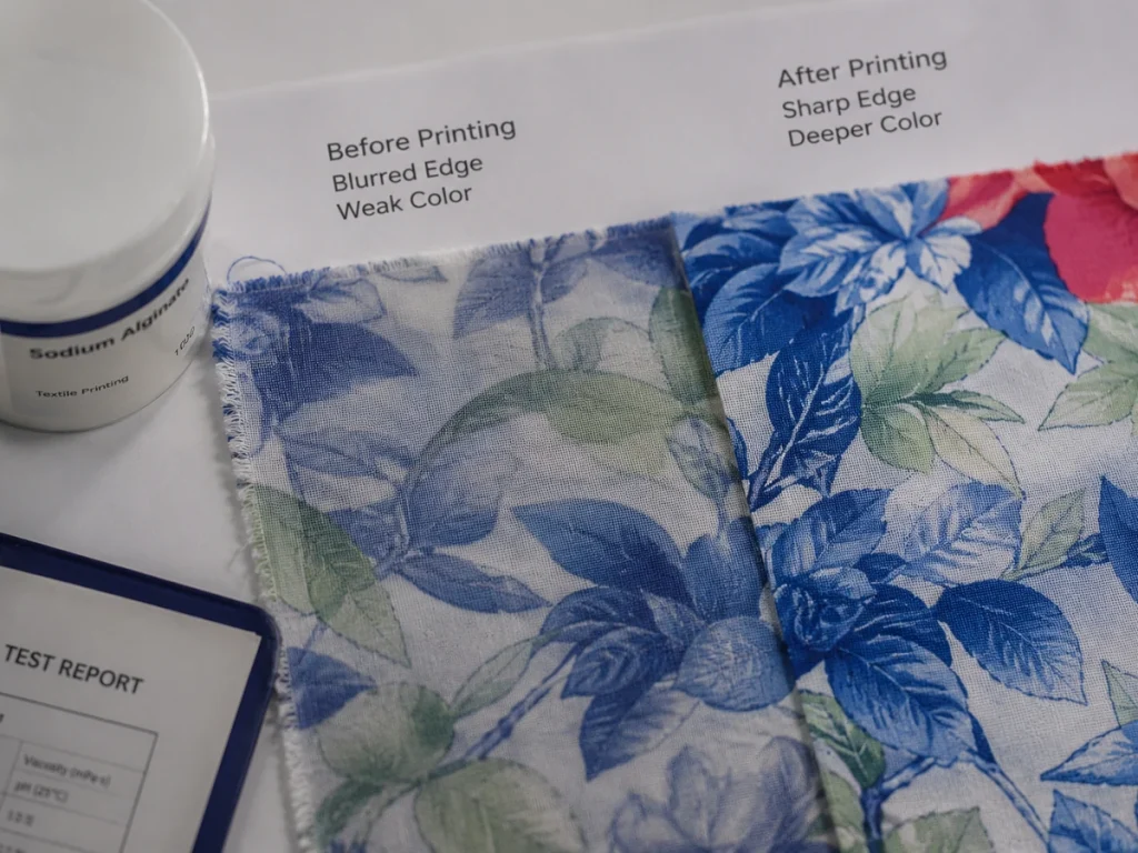 Reactive printed fabric comparison showing edge sharpness and color yield after sodium alginate printing test