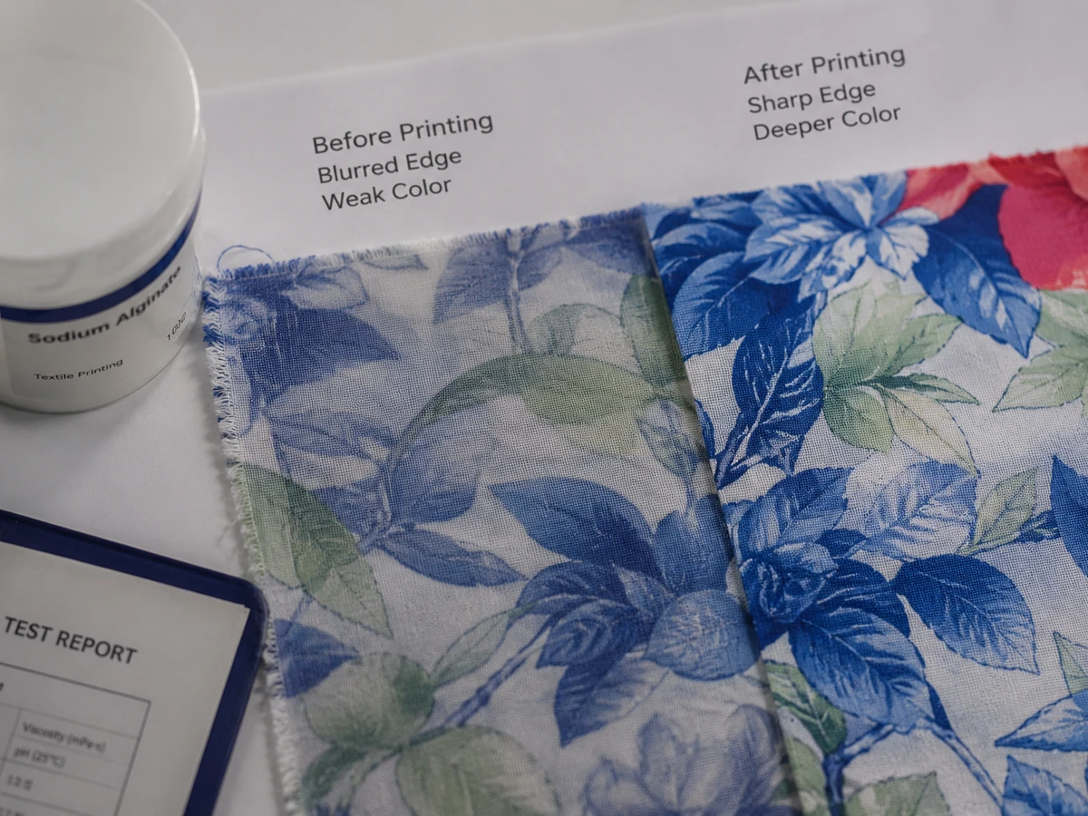 Reactive printed fabric comparison showing edge sharpness and color yield after sodium alginate printing test