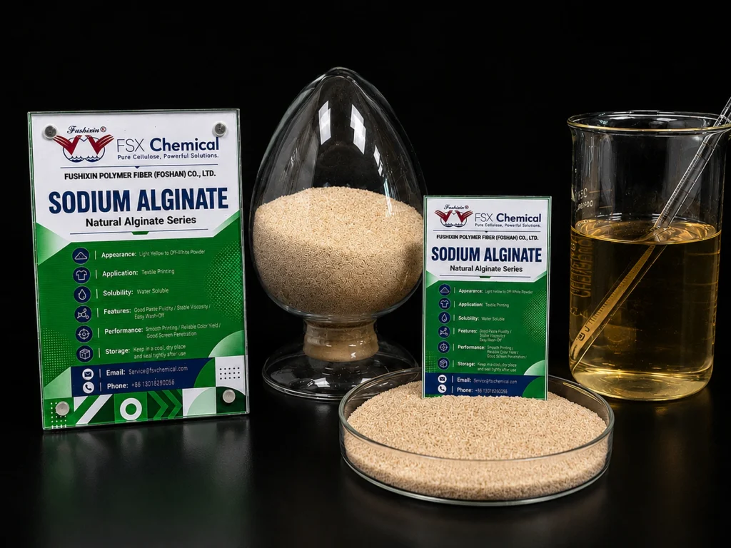 Sodium alginate powder sample from FSX Chemical for textile printing thickener use