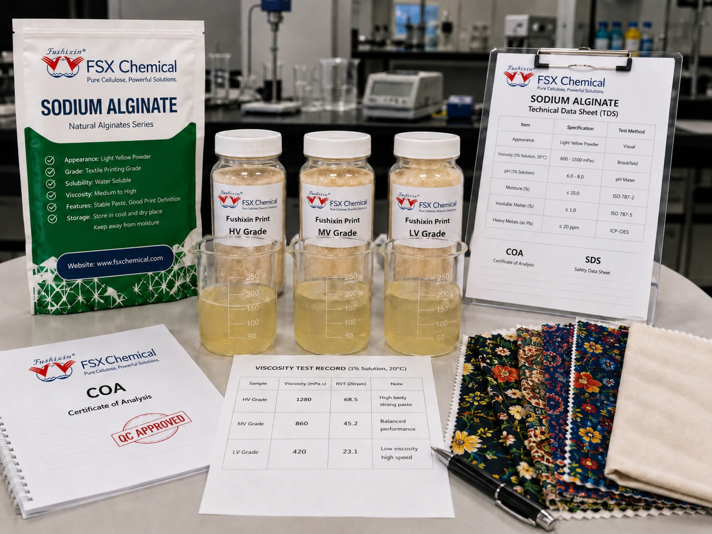 FSX : sélection de la qualité de l'alginate de sodium chimique avec des échantillons HV, MV et LV ; essais de viscosité et de TDS ; et analyse des tissus imprimés