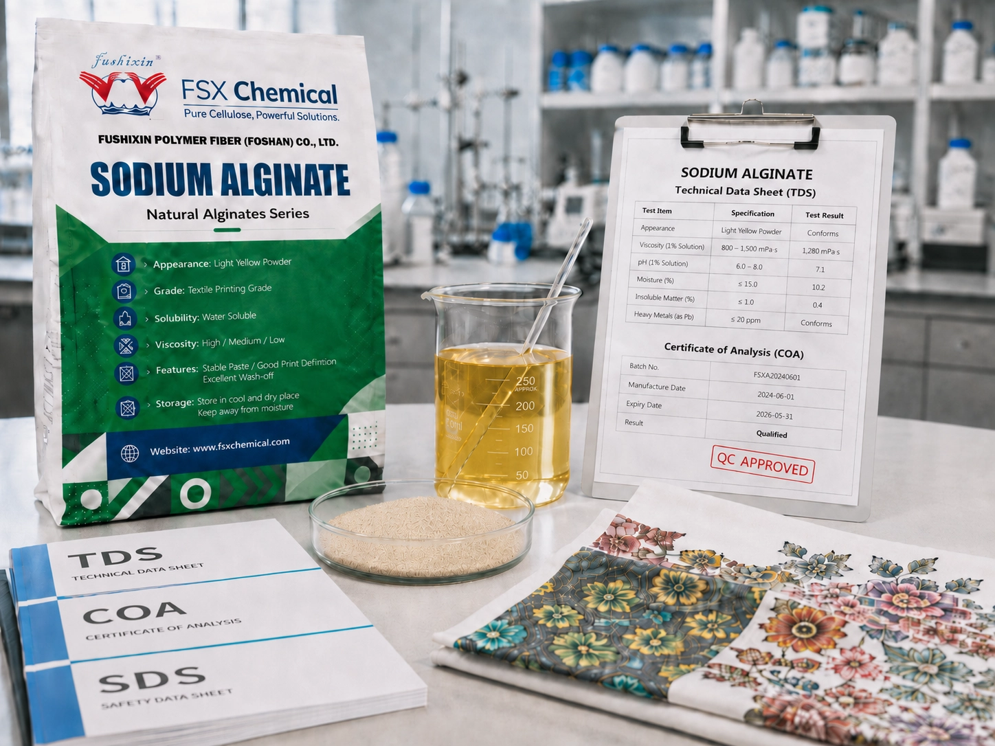 Examen d'un échantillon d'épaississant à base d'alginate de sodium FSX, accompagné du certificat d'analyse (COA) TDS, d'une solution en bécher et d'un échantillon de tissu imprimé, en vue d'une évaluation en vue d'une commande en gros