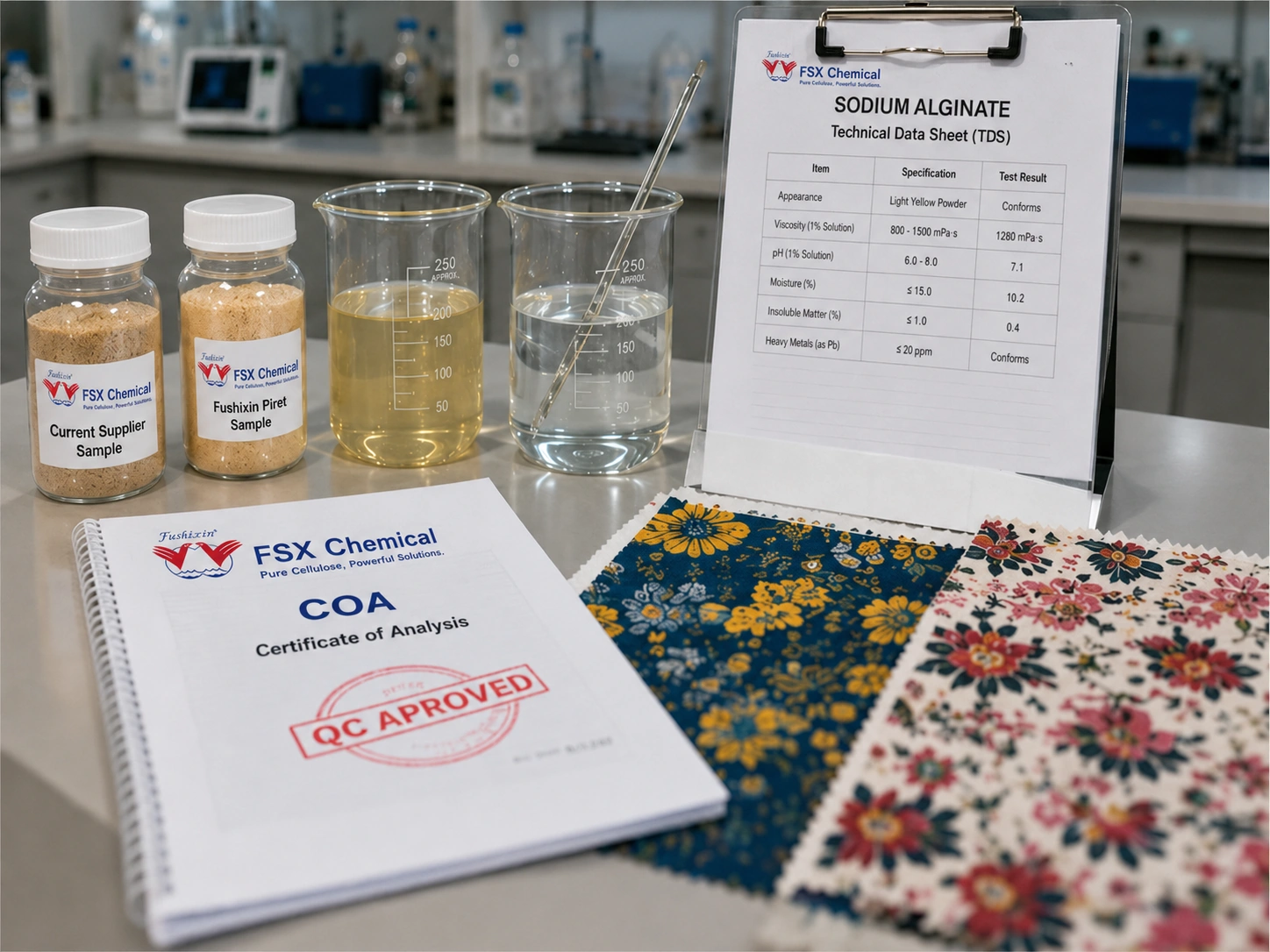 Échantillon d'alginate de sodium FSX et analyse du TDS pour la mise en correspondance des classes HV, MV et LV