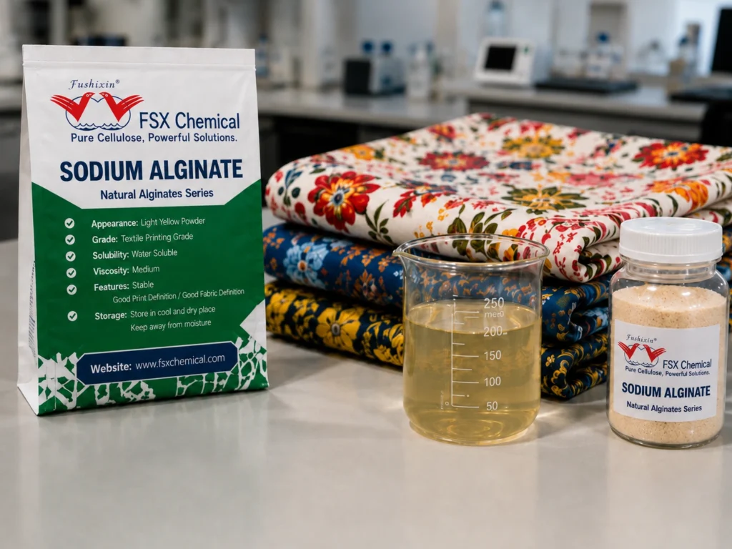 Sodium alginate textile printing thickener sample with solution and fabric evaluation