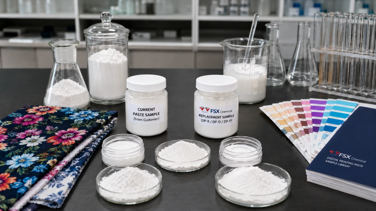 FSX Chemical digital printing paste current sample comparison with white powder samples printed fabric swatches and laboratory review