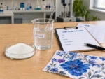 CMC powder and solution beside a grade selection checklist, TDS and blue floral printed fabric.