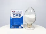 FSX Chemical CMS carboxymethyl starch white powder in a glass container beside a product information display.
