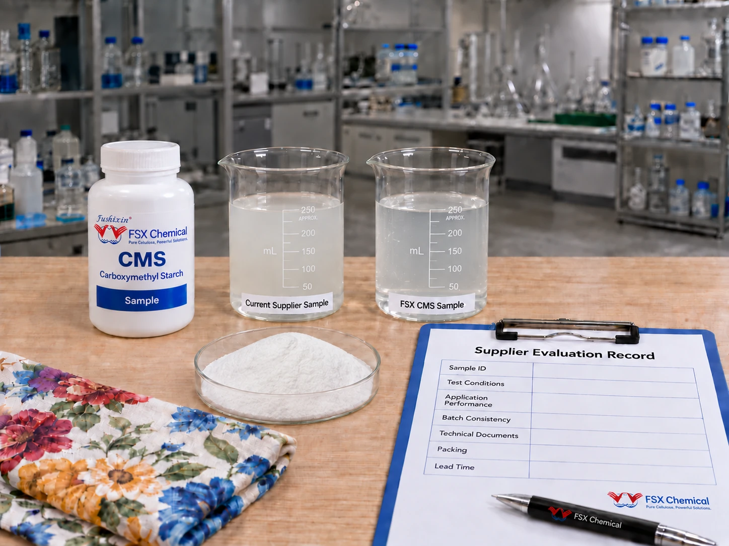 Textile printing thickener supplier evaluation using current sample TDS and matched viscosity testing
