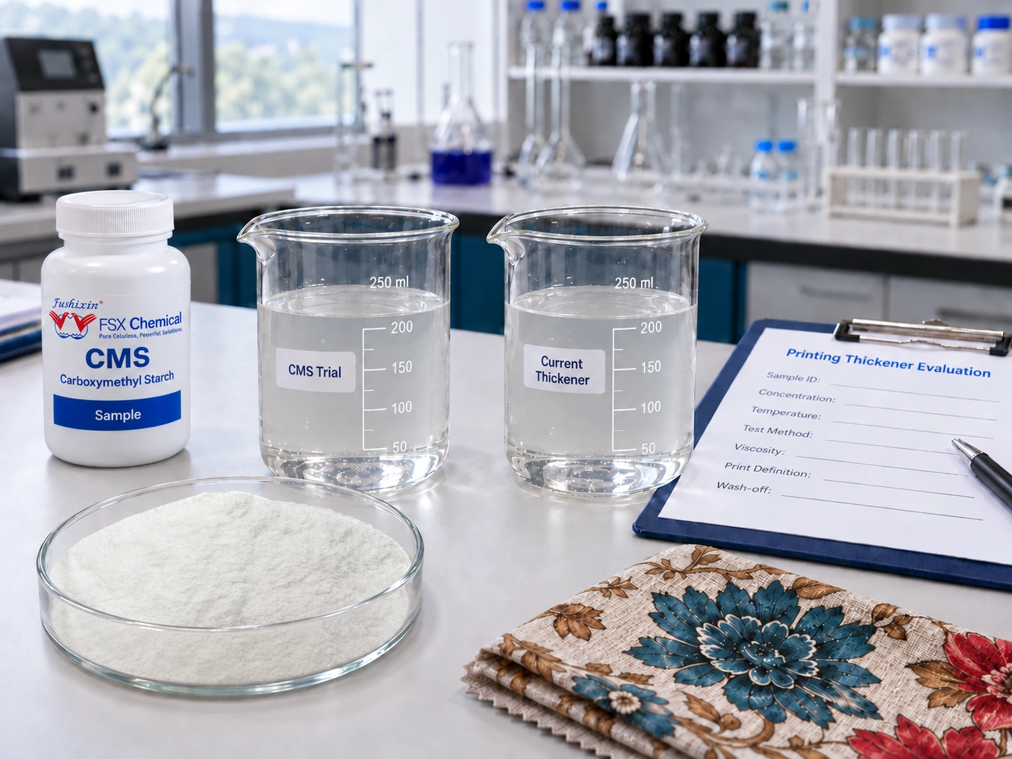 Textile printing thickener selection using matched viscosity test conditions and production trials
