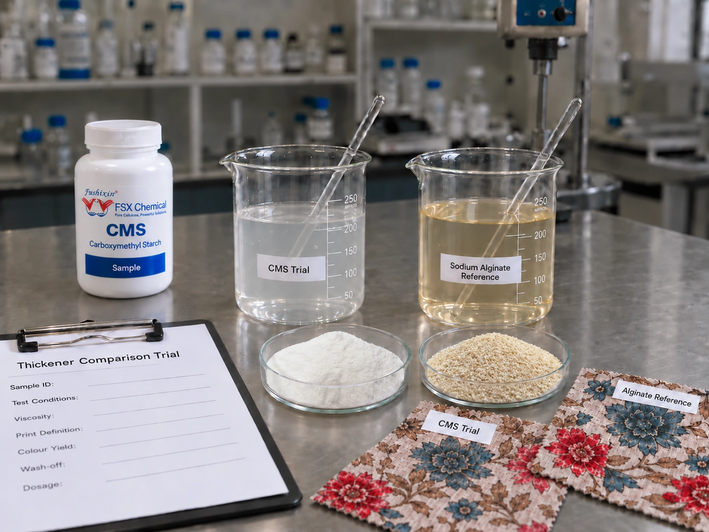 Reactive printing thickener laboratory evaluation for sodium alginate alternative trials