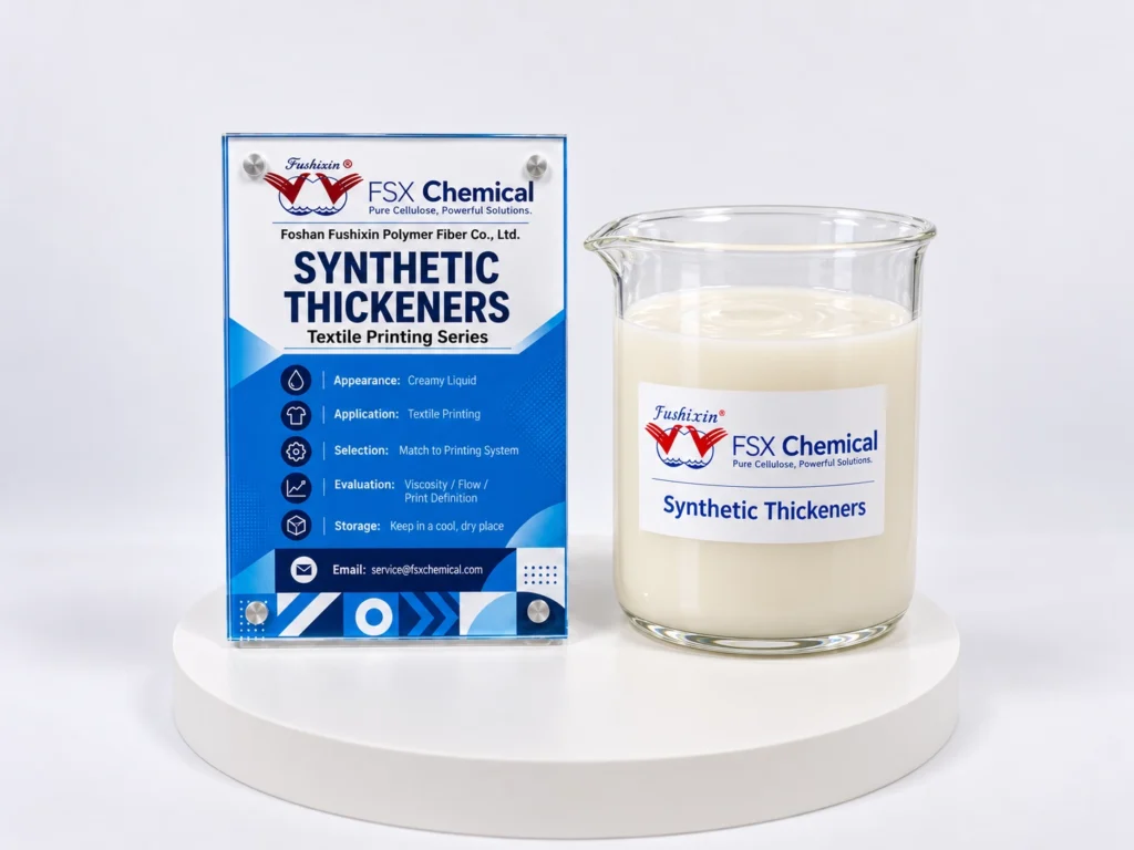 FSX Chemical synthetic thickeners for textile printing displayed in a glass beaker.