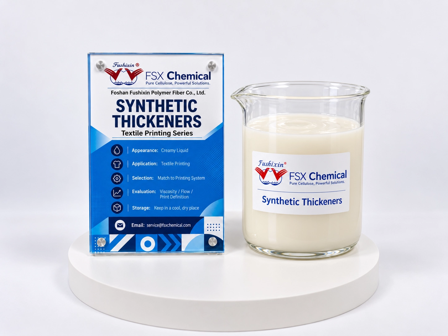 fsx-pengental-sintetis-untuk-pencetakan-tekstil FSX: Pengental sintetis kimia untuk pencetakan tekstil yang ditampilkan dalam gelas kimia.